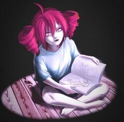 anal anal_object_insertion barefoot book crossed_legs dark_background drill_hair feet frieren futanari highres himmel_(sousou_no_frieren) kasane_teto looking_at_viewer male_penetrated object_insertion on_floor open_book oversized_clothes oversized_shirt pale_skin red_eyes red_hair shirt sootinois sousou_no_frieren surprised toes twin_drills uncensored utau white_shirt wooden_floor