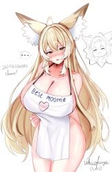 ... 2girls :d arknights cleavage closed_eyes embarrassed follower_celebration heart_cutout looking_at_viewer milf mother_and_daughter multiple_girls naked_apron nose_blush shy signature smile spoken_ellipsis suzuran_(arknights) thick_thighs thumbs_up vulpisfoglia_(arknights) wide_hips