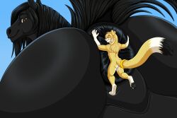 absurd_res animal_genitalia animal_penis anthro anus balls big_butt black_body black_fur black_hair butt butt_focus canid canine duo equid equine equine_genitalia equine_penis extreme_size_difference feral fox fox_tail fur furrypur genitals hair hi_res horse horse_tail huge_butt hyper hyper_butt macro macro_anthro macro_focus macro_male male male/male mammal micro nude paws penis puffy_anus size_difference