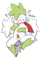 anal anal_fingering anthro balls blush bodily_fluids breath clenched_teeth ejaculation erection fingering generation_4_pokemon genital_fluids genitals green_body green_eyes hands-free hi_res legendary_pokemon lying male male/male mythical_pokemon nintendo omorashi on_back peeing peeing_while_erect peeing_while_fingered penis pokemon pokemon_(species) shaymin sky_forme_shaymin solo tawa_1908 tears teeth urine urine_on_face urine_on_self watersports