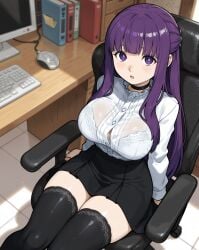 brokewyt ai_generated ai-generated uncensored fern_(sousou_no_frieren) sousou_no_frieren 1girl solo long_hair breasts looking_at_viewer blush open_mouth bangs skirt large_breasts shirt thighhighs long_sleeves sitting underwear purple_eyes white_shirt purple_hair sidelocks thighs choker collared_shirt black_thighhighs indoors miniskirt blunt_bangs black_skirt bra :o zettai_ryouiki book dress_shirt buttons from_above black_choker chair lace_trim bright_pupils desk white_bra white_pupils bookshelf shirt_tucked_in monitor bra_visible_through_clothes button_gap keyboard_(computer) office_chair