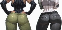uersor valery_(uersor) akira_(uersor) tomboy tomboyish tomboy_milf milf latina latina_female latina_milf ai_generated ai ai_art japanese japanese_female ai-created deviantart_link female female_only female_focus mature_female 2girls 2girl large_breasts big_breasts breasts wide_hips hips thick_thighs thighs thin_waist curvy curvy_figure curvy_female curvy_body muscular muscular_female shiny_skin white_skin light_skin light-skinned_female pale_skin pale-skinned_female dark_skin dark-skinned_female tan_skin tan-skinned_female tanned tanned_skin tanned-skinned_female brown_skin brown-skinned_female highres high_resolution high_quality simple_background white_background faceless_character faceless_female scar scars scar_on_arm scars_on_arm scar_on_back leotard latex_clothing latex_leotard black_leotard latex_gloves fingerless_gloves black_gloves latex_elbow_gloves black_elbow_gloves elbow_gloves armwear latex_armwear black_armwear sideboob pants green_pants black_pants belt black_belt sports_bra grey_sports_bra thong black_thong prothesis mechanical_arm single_mechanical_arm from_behind hands_on_hips hands_on_own_hips crossed_arms big_ass ass ass_focus large_ass standing contrapposto