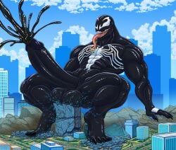 absurd_res alien alien_humanoid balls big_balls big_penis black_body bodily_fluids building city city_background city_crushing city_destruction cum destruction excessive_cum excessive_genital_fluids furrypur genital_fluids genitals hi_res huge_balls huge_penis humanoid hyper hyper_balls hyper_genitalia hyper_penis macro macro_male male marvel penis skyscraper solo tongue tongue_out venom venom_(marvel)