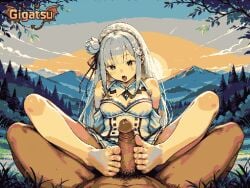 gigatsu ai_generated pixel_art pixel_animation gif twitching animated animation limited_palette ai_assisted aseprite_(artwork) re:zero_kara_hajimeru_isekai_seikatsu emilia_(re:zero) footjob barefoot feet toes foot_fetish foot_focus pov erection 1boy1girl looking_at_penis pointy_ears outdoors