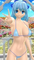 2025 3d mmd mikumikudance hati_yukkuri_mmd touhou cirno fairy humanoid bikini swimsuit blue_bikini breasts big_breasts cleavage clavicle hips waist peace_sign smiling_at_viewer looking_at_viewer blue-eyed_female short-haired_female blue-haired_female blue_bowtie wings fairy_wings one_arm_up outdoors garden flowers sky blue_sky clouds