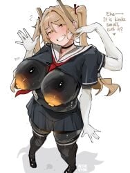 4_arms alterkyon black_body blonde_hair breasts_out clothes_ripping english_dialogue english_text female female_only hand_on_hip huge_breasts original original_character orion_(alterkyon) sailor_uniform solo sweat thick_thighs waving yellow_nipples