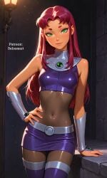 sebassart fanart dc_comics starfire teen_titans aged_up mature_female green_eyes red_hair sexy_pose sexy cosplay spandex nylons panties pantyhose bodysuit bodystocking heroine superheroine superhero petite ai_generated paid_reward_available