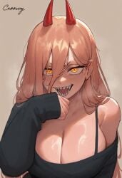 1girl artist_name black_shirt blonde_hair breasts chainsaw_man cleavage cr00wy2 cross_in_eye demon_girl demon_horns grey_background hair_between_eyes highres horns large_breasts long_hair off-shoulder_shirt off_shoulder open_mouth power_(chainsaw_man) sharp_teeth shirt simple_background sleeves_past_wrists solo teeth yellow_eyes