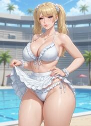 1girls ai_assisted ai_generated armpit_crease bangs bikini blonde_hair blue_eyes building cleavage earrings eyebrows_visible_through_hair eyelashes female frilled_bikini frilled_bikini_bottom frilled_bra frilled_skirt frills front-tie_top gemini hair_between_eyes hair_scrunchie hand_on_hip large_breasts lifting_skirt light-skinned_female long_hair looking_at_viewer midriff narrow_waist necklace one_hand_on_hip palm_tree pearl_earrings pigtails poolside rgomez007 seductive_look self_upload side-tie_bikini_bottom sideboob skirt skirt_lift smiling_at_viewer solo_female stable_diffusion swimming_pool swimsuit thicc_thighs thick_eyelashes thick_lips thick_thighs tied_hair twintails warm_lighting white_bikini white_clothing wide_hips wrist_scrunchie