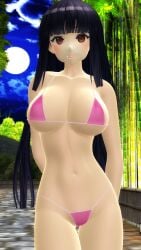 2025 3d bamboo_forest big_breasts bikini breasts brown-eyed_female clavicle clouds hati_yukkuri_mmd hips human kaguya_houraisan light-skinned_female long-haired_female looking_at_viewer mikumikudance mmd moon night night_sky open_mouth pink_bikini swimsuit touhou waist