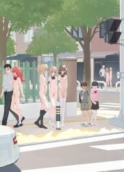 3boys 6+girls absurdres arm_at_side armband ass awning backpack bag bar_censor black_armband black_bow black_bowtie black_hair black_pants black_shoes black_skirt black_socks blonde_hair blush bow bowtie breasts brown_hair brown_shorts building cardigan censored chinese_commentary cleft_of_venus closed_eyes collared_shirt commentary_request completely_nude covering_crotch covering_privates crosswalk day exhibitionism flat_chest frilled_socks frills grey_hair grey_shoes hand_up highres kneehighs multiple_boys multiple_girls naked_bowtie naked_school_attendance navel nipples nude o_o open_mouth original outdoors pants parted_lips pedestrian_lights penny_loafers petite pink_cardigan pink_hair pink_shoes ponytail profile public_indecency public_nudity pussy red_bow red_bowtie red_hair road shirt shoes short_hair short_twintails shorts sidewalk sideways_glance skirt small_breasts sneakers socks standing stomach straight_hair street t-shirt thighhighs tree twintails two_side_up urban walking white_shirt white_socks white_thighhighs xiao_lin_jiu