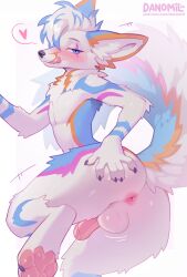 2026 anthro anus balls biped blush butt canid canine canis claws danomil digital_drawing_(artwork) digital_media_(artwork) feet fingers fox fur genitals hair hi_res hybrid looking_at_viewer male mammal nude nude_anthro nude_male paws penis rear_view smile solo tail toes tongue wolf