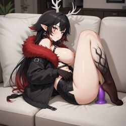 1girls ai_generated blush breasts breasts_out devora_mori dildo implied_masturbation indie_virtual_youtuber indoors long_hair looking_at_viewer nipples pointy_ears pubic_hair red_eyes red_hair sofa virtual_youtuber white_horn
