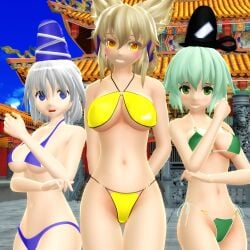 2025 3d arms_behind_back bikini blue-eyed_female blue_bikini blue_sky breasts clavicle cleavage clouds ghost_girl green-eyed_female green-haired_female green_bikini hat hati_yukkuri_mmd headset headwear hips human light-skinned_female looking_at_viewer mausoleum mikumikudance mmd mononobe_no_futo navel one_arm_up outdoors short_hair sky soga_no_tojiko swimsuit touhou toyosatomimi_no_miko trio_female waist white-haired_female yellow-eyed_female yellow-haired_female yellow_bikini