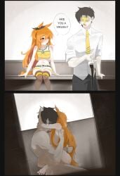 mayano_top_gun_(umamusume) umamusume tokyo_ghoul are_you_a_virgin?_(meme) trainer_(umamusume) male female holding_object drink coffee mug 1girls 1boy nude nude_female nude_male upright_straddle long_hair orange_hair ribbon hair_ribbon brown_hair sweat tail_grab head_grab doll_dol1 blush sportswear sports_bra sports_shorts fang thighhighs stockings legwear brown_legwear two_side_up orange_eyes dog_tags horse_girl horse_tail horse_ears tail