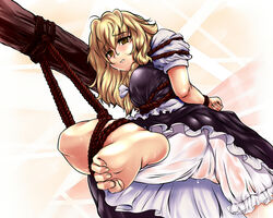 barefoot blonde_hair bloomers bloomers_(victorian) bondage braid cameltoe copycat_(dryfood) copycat_(homura) feet female human leg_lift long_hair marisa_kirisame pinched_toes pov_feet rope see-through soles sweat toe_scrunch toes touhou wet wet_clothes yellow_eyes