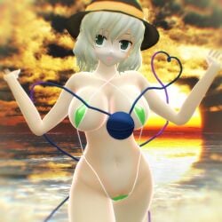 2025 3d big_breasts bikini blurry_background breasts cleavage green-eyed_female green-haired_female green_bikini hat hati_yukkuri_mmd headwear hips humanoid koishi_komeiji looking_at_viewer mikumikudance mmd open_mouth satori_(species) sling_bikini swimsuit third_eye_(touhou) touhou waist white-skinned_female youkai