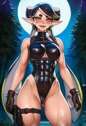 ai ai_assisted ai_generated prussia123 1girls splatoon callie_(splatoon) sexy_female sexy_clothing sexy fit_female fit fit_body abs latex_clothing latex leotard tactical_gear tactical squid_girl solo solo_female forest_background