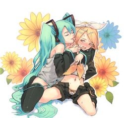 aqua_hair arms_behind_back black_legwear black_thighhighs blonde_hair blush boots bow bow_panties closed_eyes color detached_sleeves ear_licking female hair_ornament hairbow hairclip hatsune_miku headphones kagamine_rin kneeling licking long_hair midriff multiple_girls navel necktie no_pants open_fly panties raku short_hair side-tie_panties sitting smile spread_legs striped striped_panties sweat thighhighs tied_hair twintails underwear unzipped vertical-striped_panties vertical_stripes very_long_hair vocaloid wariza yellow_eyes yuri zettai_ryouiki