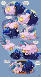1boy 2girls anthro ass ass-to-ass ass_to_ass between_ass between_two_ass blue_eyes blue_hair brown_eyes cannonball_(dive) cellulite crushed_by_ass cutie_mark english_text facesitting female female_focus friendship_is_magic furry gulpspooky hasbro hips hooves horn hyper hyper_ass large_ass male multicolored_hair my_little_pony nude nude_female orange_hair pegasus pegasus_wings pony princess_celestia_(mlp) princess_luna_(mlp) sharp_teeth speech_bubble suit suit_and_tie text thick_thighs thighs tiara tie tied_up tied_up_male transformation unicorn unicorn_horn wide_hips wings