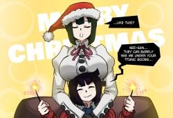 2girls arms_around_shoulders big_breasts black_hair blush bow breasts_on_head bubbles buttons calm christmas_hat closed_eyes cuffs_(clothing) english_text gloves hat head_tilt hugging_from_behind merry_christmas mosbles mouth_open nanako_(mosbles7) nervous_smile original original_character pose posing setena_(mosbles7) sisters sitting_behind_person sparkler sparklers speech_bubble sweater text text_bubble