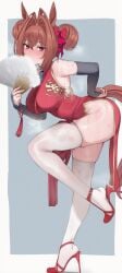 ai_generated animal_ears breasts brown_hair chinese_clothes daiwa_scarlet_(umamusume) different_hair_style female hips horse_girl knee_socks red_eyes ribbon_in_hair standing_on_one_leg thighs twin_buns umamusume umamusume_pretty_derby