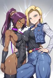 2girls ai_generated android_18 black_legwear bleach bleach:_the_thousand-year_blood_war blonde_hair cameltoe clothed collar dark-skinned_female dark_skin dragon_ball female female/female female_only imminent_sex jacket jeans leash leash_and_collar leash_pull leg_between_thighs long_hair looking_at_viewer ponytail purple_hair shihouin_yoruichi short_hair yoruichi_shihouin yuri
