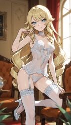 brokewyt ai_generated ai-generated uncensored genshin_impact navia_(genshin_impact) 1girl solo long_hair breasts looking_at_viewer smile bangs blue_eyes blonde_hair thighhighs navel cleavage bare_shoulders medium_breasts very_long_hair closed_mouth underwear standing collarbone panties thighs choker indoors hand_up stomach white_panties blurry high_heels white_thighhighs bare_arms window covered_navel garter_straps chair drill_hair leg_up white_footwear underwear_only lingerie curtains blue_nails garter_belt teacup white_choker