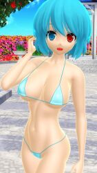 2025 3d mmd mikumikudance touhou hati_yukkuri_mmd kogasa_tatara youkai light-skinned_female heterochromia short-haired_female cyan-haired_female bikini swimsuit cyan_bikini breasts cleavage big_breasts clavicle navel hips waist outdoors garden flowers clouds sky looking_at_viewer one_arm_up hand_on_hair open_mouth