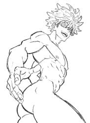 satoru_gojo gojou_satoru jujutsu_kaisen sketch monochrome unfinished black_and_white outline ass butt smiling looking_at_viewer spiky_hair nude naked male male_only muscular_male muscular 1boy muscles dynamic_pose dynamic_angle open_hand biceps nails bubble_butt bubble_ass from_side solo solo_focus solo_male nipples pecs abs athletic_male athletic obliques open_mouth 1jeshii