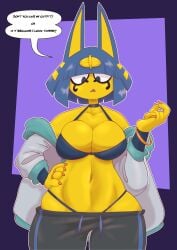strawberrywith4 ankha animal_crossing tagme yellow_fur blue_hair short_hair cat_ears cat_tail cat_girl blue_eyes sharp_teeth looking_at_viewer choker crop_top sweatpants panties hoodie jewelry breasts cleavage tight_clothing wide_hips thick_thighs voluptuous fit text speech_bubble