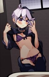 1girls androgynous bathroom bathroom_selfie bathroom_sink belly_button black_choker black_clothing black_nail_polish black_nails blushing choker holding_phone lace_bra lace_panties lacy_bra lacy_panties lingerie mirror_selfie n0_image purple_eyes purple_lingerie purple_underwear reverse_trap selfie short-haired_female showing_belly showing_panties showing_underwear skinny_female small_breasts thin_waist tomboy two-tone_hair undressing undressing_self v_flower very_short_hair vocaloid vocaloid_4 white_hair
