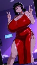 1girl ai ai-created ai_art ai_generated ai_generated_background background bed_on bedroom bedroom_lighting bedroom_setting big_breasts_and_big_ass black_hair blue_eyes body_focus breast_focus breasts child_bearing_hips curvaceous curvy curvy_female curvy_hips dress enormous_breasts entrophex123 exaggerated_proportions expressive_eyes eyes female female_version fertile_body form_fitting giant_breasts gigantic_breasts high-angle_view high_quality high_resolution highres hourglass_body hourglass_figure huge_breasts indoor indoor_lighting invincible invincible_(tv_series) large_breasts large_hips long_dress low_twintails massive_breasts muffin_top narrow_waist night perfect_body plump red_clothing red_dress seductive_body short_hair skindentation soft_breasts solo spread_legs tech_jacket_(zoe_thompson) tech_jacket_girl thick thick_body thick_legs thick_thighs tight_dress voluptuous voluptuous_female wide_hips wide_stance zoe_tech_jacket