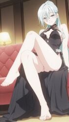 1girl, 4k 8k accentuating ai_generated and anime background, beautiful beauty, best between black bodice, body body, breasts, cinematic content. couch, crystals curves, design, detailed detailed, down, dress, elegant evening explicit eyes, feet, feets, female, flowing foot, gala gaze, green grey hair hair, high hoshina_subaru kaoru_hana_wa_rin_to_saku lace legs legs, lighting, long luxury makeup, masterpiece, mature nsfw, on panels, perfect polished, ponytail, pose, quality quality, resolution, revealing, screencap, screencap,anime, seductive semi-transparent sheer sideboob, silk skirt slit, small smile, solo, sophisticated sparkling strapless thighs, toenails toenails, toes,