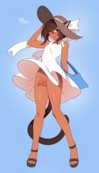 1boy absurdres arm_up artist_name bag bare_shoulders blue_eyes blue_nails blush brown_hair cat_boy collarbone commission dark-skinned_femboy dark-skinned_male dark-skinned_sissy dark-skinned_twink dark_skin dress fang feet femboy flaccid foreskin hat highres legs light_blush male_focus matemi nail_polish no_male_underwear one_eye_closed open_mouth original oskar_(coffee.png) penis shoes short_hair shoulder_bag simple_background solo sundress testicles thighs toes tongue white_background wind