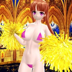 2025 3d mmd mikumikudance hati_yukkuri_mmd touhou nishida_satono human brown-haired_female long-haired_female pom_poms bikini swimsuit pink_bikini breasts cleavage big_breasts clavicle cheerleader midriff hips waist pink-eyed_female smiling_at_viewer looking_at_viewer