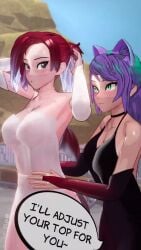 2girls :3 adjusting_hair akari_(enf_bee) arm_gloves arms_behind_head assisted_exposure big_breasts black_dress blush breasts breasts_out cat_ears cat_girl classic_enf_pose covering covering_breasts covering_face covering_mouth covering_self embarrassed embarrassed_nude_female enf enf_bee female female_focus female_only freckles freckles_on_face hands_behind_head jiggle_physics jiggling_breasts lila_(enf_bee) long_hair naked naked_female nude nude_female only_one_naked original_characters outdoor_nudity outdoors ponytail public public_nudity purple_hair red_hair shark_girl shark_tail short_video shorter_than_30_seconds streaked_hair sudden_realization suddenly_naked suddenly_topless tagme topless topless_female vertical_video video white_dress