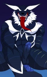 absurd_res anal anal_penetration anthro arkham axelshrine black_white_body blue_energy canid canine dildo dildo_in_ass dildo_insertion dildo_sitting fangs_bared fox fox_spirit genitals gradient_penis hi_res long_tongue male mammal muscular object_in_ass penetration penis sex_toy sex_toy_in_ass sex_toy_insertion solo symbiote tongue white_neck_fluff yellow_energy