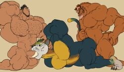 2016 3boys anal balls bara beast_(disney) beauty_and_the_beast_(1991_film) chunky_(the_croods) crossover disney dreamworks erection fellatio flat_colors grug_crood male male_only muscular nipples penis remert simple_background the_croods what
