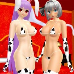 2025 3d mmd mikumikudance touhou hati_yukkuri_mmd reisen_udongein_inaba youmu_konpaku rabbit_girl rabbit_humanoid ghost_girl light-skinned_female tanned_female short-haired_female long-haired_female pink-haired_female grey-haired_female headband headwear black_bow red-eyed_female blue-eyed_female breasts cleavage clavicle big_breasts navel hips waist armwear legwear bikini swimsuit cow_print cow_print_bikini cow_print_armwear cow_print_legwear blush