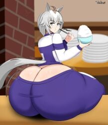1girls ass ass_cleavage ass_crack ass_focus big_ass bottom_heavy butt_crack chopsticks curvy eating fat_ass grey_hair horse_ears horse_girl horse_tail huge_ass looking_back medium_breasts oguri_cap_(umamusume) rice sweat sweaty_ass sweaty_butt tail telosynth umamusume voluptuous