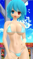 2025 3d mmd mikumikudance touhou hati_yukkuri_mmd kogasa_tatara youkai humanoid light-skinned_female breasts bikini swimsuit cyan_bikini big_breasts cleavage hips waist heterochromia short-haired_female cyan-haired_female outdoors garden flowers sky blue_sky clouds