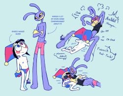 anthro areola balls biped black_hair bodily_fluids breasts butt clothing english_text female fool's_hat foreskin fsc genitals glitch_productions gloves hair handwear hat headgear headwear hi_res human humanoid jax_(tadc) jester lagomorph leporid male mammal multicolored_eyes nipples nude partially_clothed_anthro pecs penis pomni_(tadc) purple_body rabbit tail text the_amazing_digital_circus vulva white_body yellow_sclera