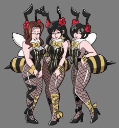 3girls aerith_gainsborough bee_costume black_hair black_hair_female brown_hair_female female female_only final_fantasy final_fantasy_vii fishnet_legwear fishnets funnyhoohooman high_heel_boots high_heels honeybee_inn_uniform long_hair_female multiple_girls seductive seductive_eyes seductive_look seductive_pose seductive_smile short_hair_female three_girls tifa_lockhart trio_female yuffie_kisaragi