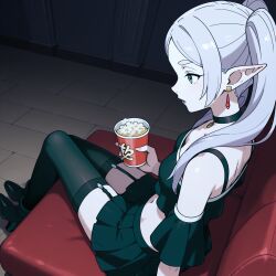 1girl ai-generated ai_generated black_choker black_footwear black_thighhighs blue_eyes breasts brokewyt choker earrings elf food frieren garter_straps holding jewelry long_hair midriff navel pleated_skirt pointy_ears popcorn shirt sitting skirt small_breasts solo sousou_no_frieren thighhighs twintails uncensored