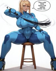 ai_generated ai_generated_image ai_slop arrogant arrogant_female bdsm_gear before_rape before_recording before_sex blonde_female blonde_hair bodysuit bondage_gear bounty_hunter confident flogger high_heels holding_flogger holding_whip huge_breasts interview movie_star nipples nipples_visible nipples_visible_through_clothing perfect_body perfect_legs preparation preparing samus_aran simple_background sitting skintight skintight_bodysuit smug smug_expression smug_face smug_grin smug_smile speech speech_bubble speech_bubbles spreading spreading_legs stool talking talking_to_another whip white_background wide_hips wide_legs wide_thighs wooden_stool zero_suit_samus motion_blur