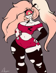 edworld cherri_bomb hazbin_hotel tagme pink_hair long_hair tied_hair looking_at_viewer cyclops one_eye yellow_eyes red_sclera smile tattoo breasts cleavage crop_top fit fit_female navel wide_hips thick_thighs voluptuous hourglass_figure shorts stockings torn_clothes tight_clothing hands_on_hips