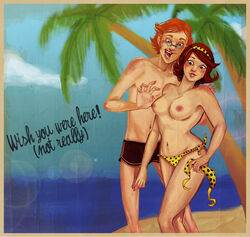 1boy 1girls arthur_weasley beach bikini erect_nipples exposed_breasts female glasses glockgal harry_potter headband holding_bra male male_focus molly_weasley mouth_open palm_tree polka_dot_bikini postcard sand sideburns sunburn swimming_trunks tagme topless