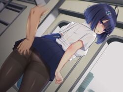 1boy 1girl bag blue_bag blue_gem blunt_bangs blunt_ends bob_cut brown_pantyhose chikan cowboy_shot disembodied_hand from_behind from_below game_cg gem grabbing_another's_ass groping hair_ornament indoors looking_back miniskirt molestation moyashi_shimo8 multicolored_eyes non-web_source official_art panties pantyhose pantyshot parted_lips pink_eyes pleated_skirt purple_eyes purple_hair purple_skirt sayotsuki_shizuha school_bag school_uniform self-datamine shadow_maiden_selenoxia shirt short_hair short_sleeves shoulder_bag skirt standing sweat swept_bangs thighband_pantyhose train_interior two-tone_eyes underwear white_shirt zipper