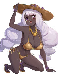 :d adjusting_hat arm_support bead bead_necklace blush gigantic_breasts gold_bikini gonzarez1938 hat jacinthe_(pokemon) kneeling looking_at_viewer pokemon pokemon_legends:_z-a purple_nails purple_toenails smile upper_teeth very_dark_skin yukari_(pokemon)
